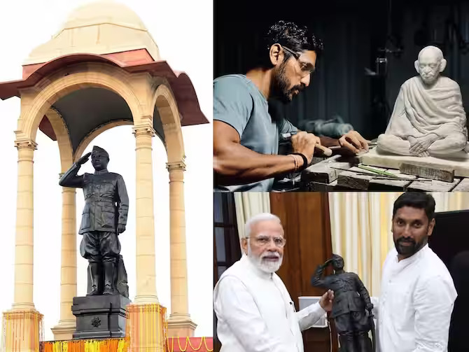 PM Modi receives sculpture of Netaji Subhas Chandra Bose from  Mysuru sculptor Arun Yogiraj